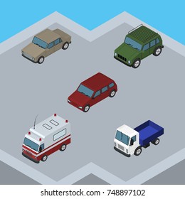 Isometric Automobile Set Of Auto, Lorry, Armored And Other Vector Objects. Also Includes Auto, Lorry, Sedan Elements.