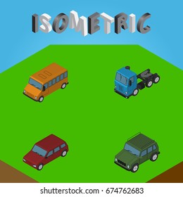 Isometric Automobile Set Of Car, Armored, Truck And Other Vector Objects. Also Includes Motor, Armored, Bus Elements.