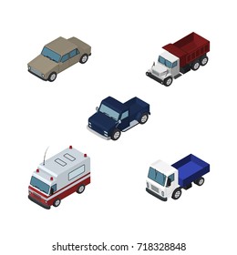 Isometric Automobile Set Of First-Aid, Lorry, Auto And Other Vector Objects. Also Includes Auto, Truck, Lorry Elements.