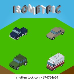 Isometric Automobile Set Of First-Aid, Suv, Armored And Other Vector Objects. Also Includes Suv, Ambulance, Sedan Elements.