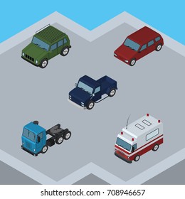 Isometric Automobile Set Of First-Aid, Suv, Truck And Other Vector Objects. Also Includes Ambulance, Truck, Aid Elements.