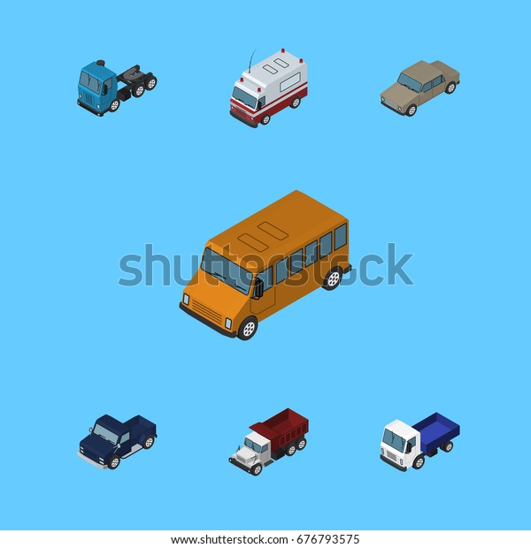 Isometric Automobile Set Of Freight, Truck,\
First-Aid And Other Vector Objects. Also Includes Freight, Motor,\
Truck Elements.