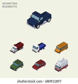 Isometric Automobile Set Of Lorry, Armored, Car And Other Vector Objects. Also Includes Auto, Suv, Freight Elements.