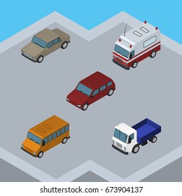 Isometric Automobile Set Of Lorry, Car, First-Aid And Other Vector Objects. Also Includes Aid, Car, Auto Elements.