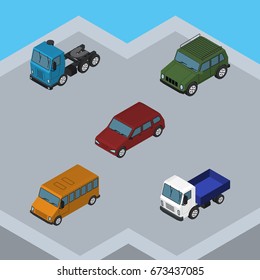 Isometric Automobile Set Of Lorry, Truck, Autobus And Other Vector Objects. Also Includes Truck, Sedan, Armored Elements.