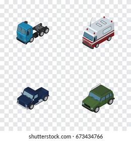 Isometric Automobile Set Of Suv, Armored, Truck And Other Vector Objects. Also Includes Truck, Lorry, Motor Elements.