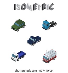 Isometric Automobile Set Of Suv, Lorry, Truck And Other Vector Objects. Also Includes Aid, Car, Transport Elements.