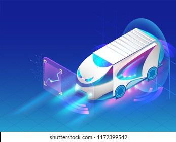 Isometric Autonomous bus isolated on shiny blue background, Futuristic technology concept.