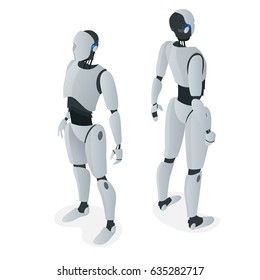 Robô isométrico autônomo. Vetor plano Isolado na ilustração branca. Inteligência artificial