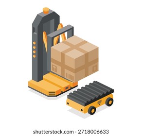 Isometrischer autonomer Roboterstapler, der mit einem mobilen AMR-Roboter arbeitet. Smart Warehouse Automation und KI Logistik Konzept. Vektorgrafik. FMR-Roboter.