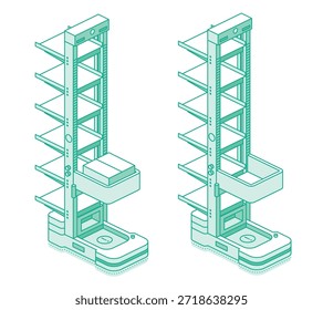ACR ou CTU autônomo isométrico do robô de armazém vertical para o sistema de armazenamento e recuperação. Automação de depósito inteligente e logística de IA. Ilustração vetorial. Estilo da estrutura de tópicos. Objetos isolados no branco.