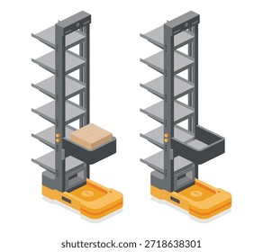 ACR ou CTU autônomo isométrico do robô de armazém vertical para o sistema de armazenamento e recuperação. Automação de depósito inteligente e logística de IA. Ilustração vetorial. Objetos isolados no branco.