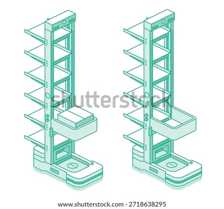 Isometric autonomous vertical warehouse robot ACR or CTU for storage and retrieval system. Smart warehouse automation and AI logistics. Vector illustration. Outline style. Objects isolated on white.