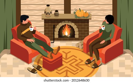 Isometric autumn fall horizontal composition with loving couple sitting in armchairs near fireplace drinking lemon tea vector illustration