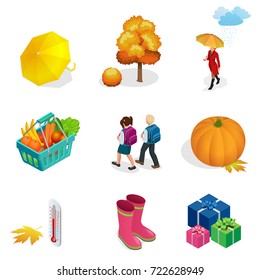 Isometric Autumn icon and objects set for design pumpkin, thermometer, woman with an umbrella in the rain, children with school backpacks, autumn tree, rubber boots, basket with vegetables and fruits