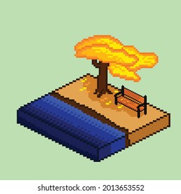 isometric of autumn tree and bench with pixel art style