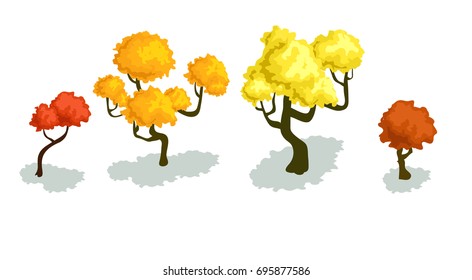 Isometric autumn trees isolated on white Isometric red orange and red trees on white