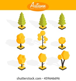 Isometric Autumn trees set. Low poly Vector illustration