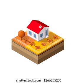 Isometric autumnal city with houses and streets with trees, fir and bushes. Autumn time of the year. Conceptual vector illustration.