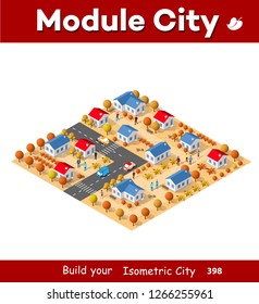 Isometric autumnal city with houses and streets with trees, fir and bushes. Autumn time of the year. Conceptual vector illustration.