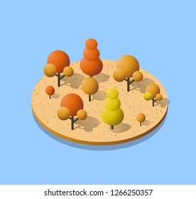 Isometric autumnal forest with trees, fir and bushes. Autumn time of the year. Conceptual vector illustration.