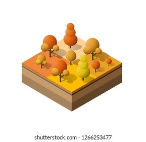 Isometric autumnal forest with trees, fir and bushes. Autumn time of the year. Conceptual vector illustration.