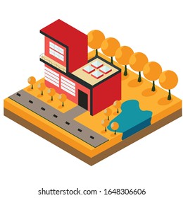 Isometric autumnal house with street, tree and litle lake. Autumn time of the year.