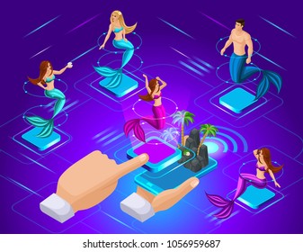 Isometric avatars of mermaids with different hairstyles, in different poses, to install a mermaid in a game on the island. Great concept for animation and computer games.