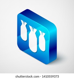 Isometric Aviation bombs icon isolated on white background. Rocket bomb flies down. Blue square button. Vector Illustration