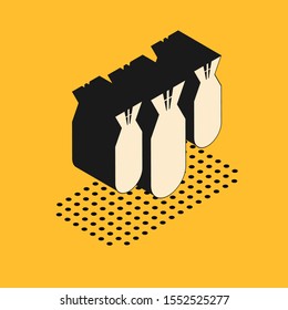 Isometric Aviation bombs icon isolated on yellow background. Rocket bomb flies down.  Vector Illustration
