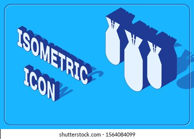 Isometric Aviation bombs icon isolated on blue background. Rocket bomb flies down.  Vector Illustration