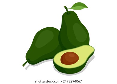 Isometric Avocado cut in half isolated on white. Avocado is a creamy, nutrient-dense fruit rich in healthy fats, fiber, and vitamins. It's known for supporting heart health, skin, and digestion.