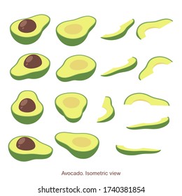 Isometric avocado pieces set isolated on white background.