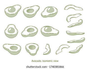 Isometric avocado pieces set isolated on white background. Monochrome illustration with texture.