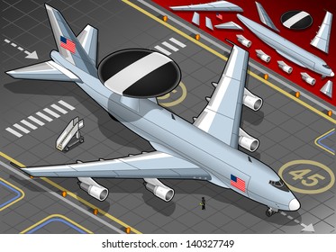 Isometric AWACS Airplane, Radar Aircraft, Military Air Force Plane. Isometric Vector Airplane Radar Military Illustration. Airport 3d Vector Jet