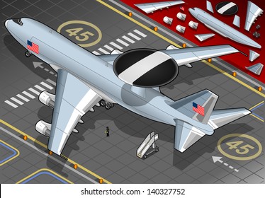 Isometric AWACS Airplane, Radar Aircraft, Military Air Force Plane. Isometric Vector Illustration.