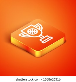 Isometric Award cup with basketball ball icon isolated on orange background. Winner trophy symbol. Championship or competition trophy.  Vector Illustration