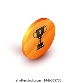 Isometric Award cup icon isolated on white background. Winner trophy symbol. Championship or competition trophy. Sports achievement sign. Orange circle button. Vector Illustration