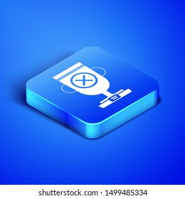 Isometric Award cup icon isolated on blue background. Winner trophy symbol. Championship or competition trophy. Sports achievement sign. Blue square button. Vector Illustration