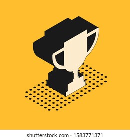 Isometric Award cup icon isolated on yellow background. Winner trophy symbol. Championship or competition trophy. Sports achievement.  Vector Illustration