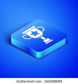 Isometric Award cup icon isolated on blue background. Winner trophy symbol. Championship or competition trophy. Sports achievement sign. Blue square button. Vector Illustration