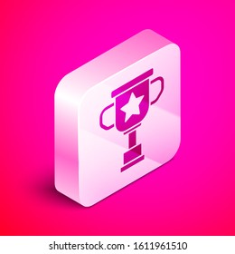 Isometric Award cup icon isolated on pink background. Winner trophy symbol. Championship or competition trophy. Sports achievement sign. Silver square button. Vector Illustration