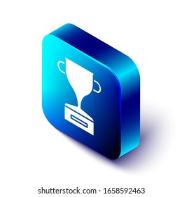 Isometric Award cup icon isolated on white background. Winner trophy symbol. Championship or competition trophy. Sports achievement sign. Blue square button. Vector Illustration