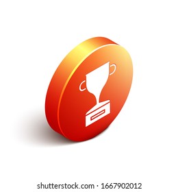 Isometric Award cup icon isolated on white background. Winner trophy symbol. Championship or competition trophy. Sports achievement sign. Orange circle button. Vector Illustration
