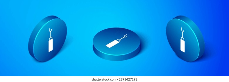 Isometric Awl tool with wooden handle icon isolated on blue background. Work equipment tailor industry. Blue circle button. Vector