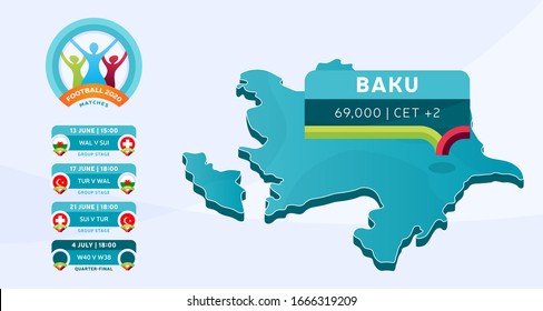 Isometric Azerbaijan country map tagged in Baku stadium which will be held football matches vector illustration. Football 2020 tournament final stage infographic and country info