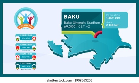 Isometric Azerbaijan country map tagged in Baku stadium which will be held football matches vector illustration. Football 2020 tournament final stage infographic and country info svg
