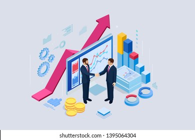 Método de ventas B2B isométrico. Los socios se dan la mano. Empresarios exitosos. Datos e indicadores clave de rendimiento para el análisis de inteligencia empresarial