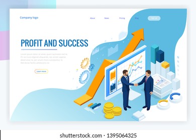 Isometric B2B sales method. Partners shaking hands. Successful entrepreneurs. Data and key performance indicators for business intelligence analytics