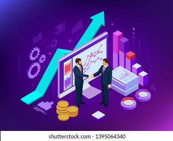 Isometric B2B sales method. Partners shaking hands. Successful entrepreneurs. Data and key performance indicators for business intelligence analytics